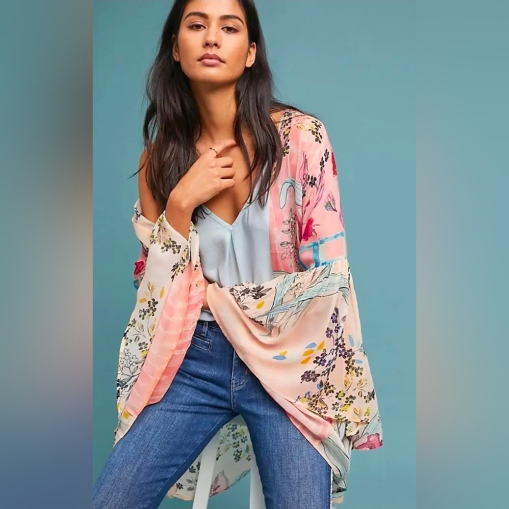Anthropologie Jordin Floral Kimono Flutter Sleeves Pink One Size $180 *Soldout*